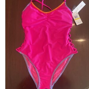 NWT Salt + Cove Womens One Piece Swimsuit MEDIUM Hot Pink Racerback Cut Out Side